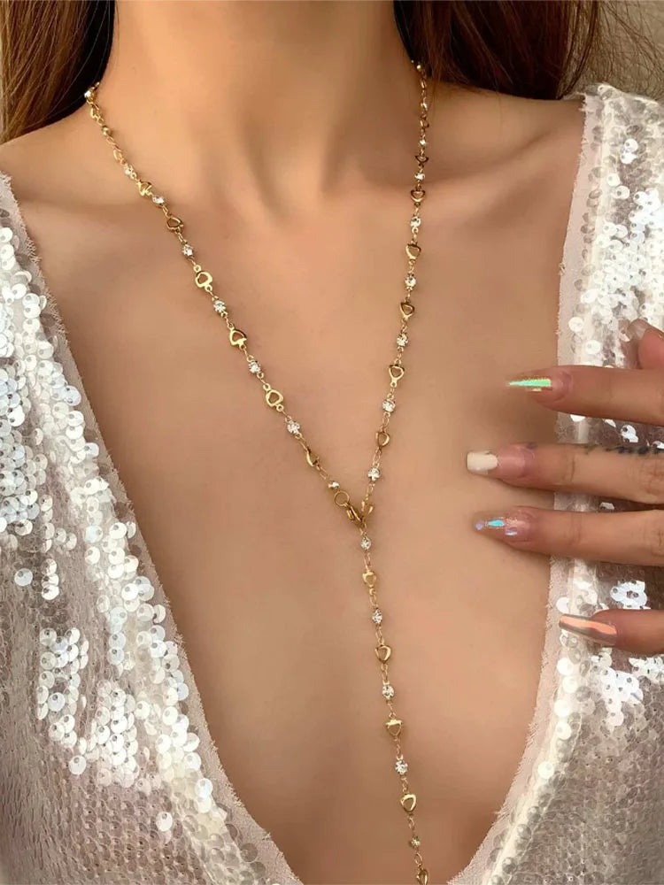 Luxury Zircon Long Tassel Necklace - Gold Heart Crystal Choker