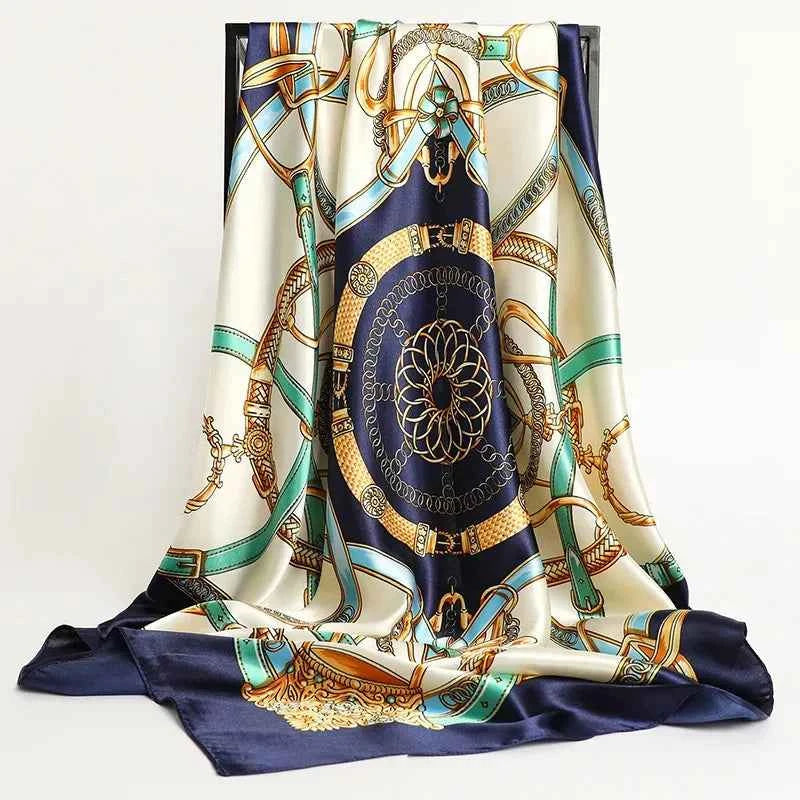 Luxury Print Satin Silk Hair Scarf - 90x90cm Big Square Shawl