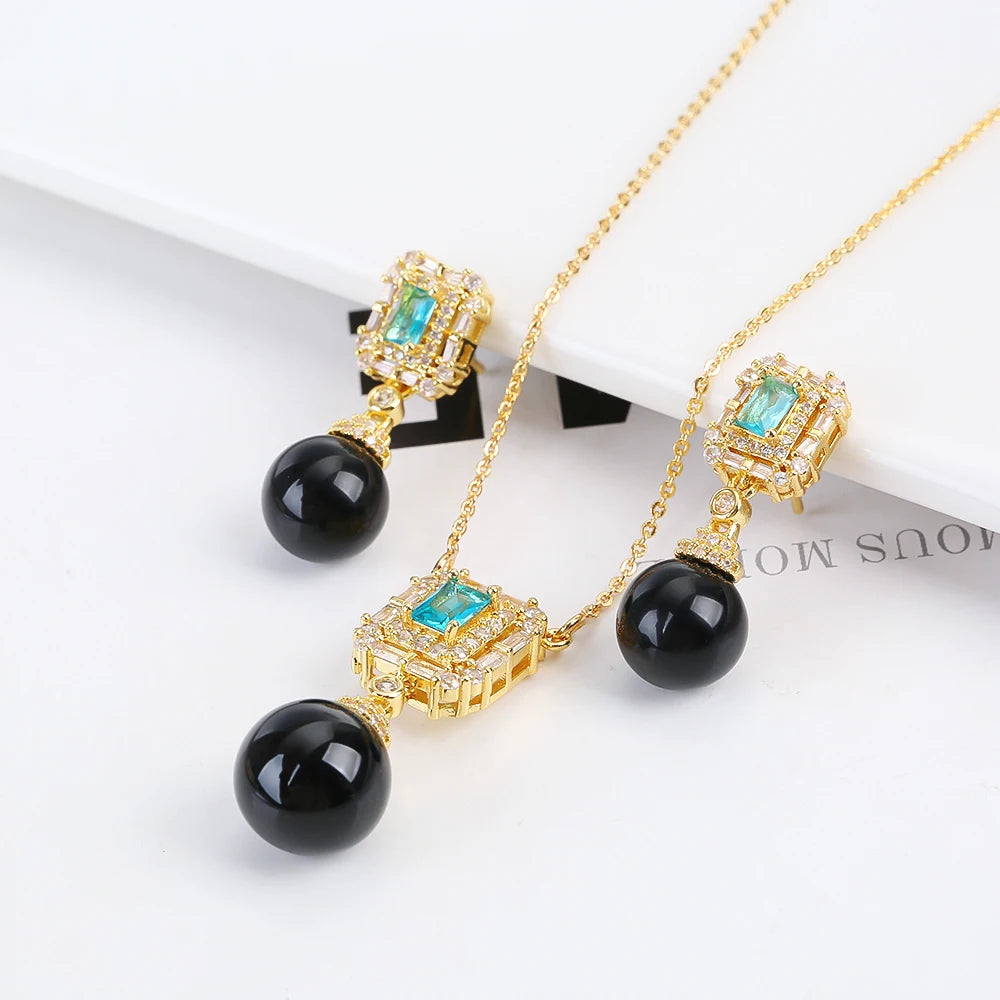 Luxury Pearl Pendant Necklace Earring Set - 18K Gold Plated