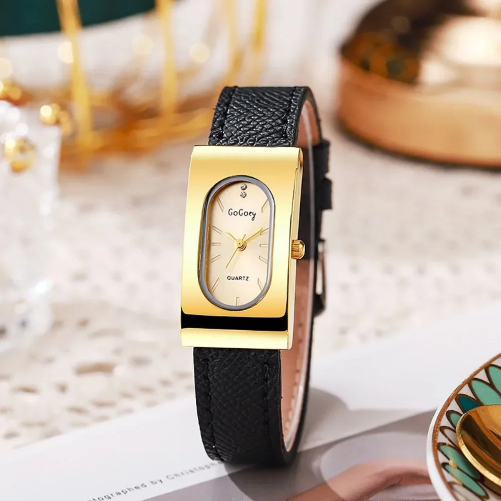 Elegant Ladies Rectangular Quartz Watch - Leather Strap