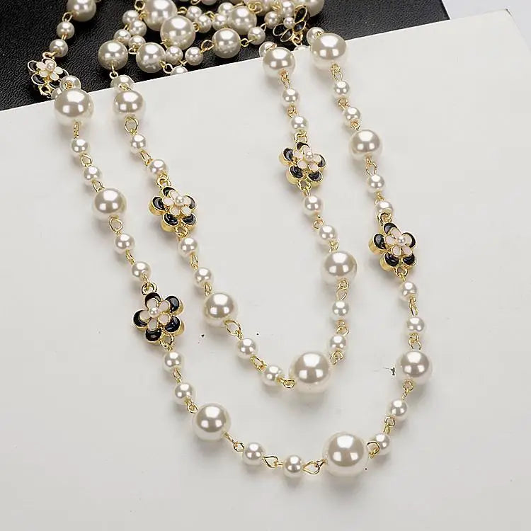 Elegant Long Pearl Necklace - Multilayer Camellia Flower Design