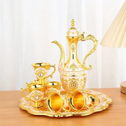Luxury Turkish Tea Set - Golden Blue vintage metal tea set with coffee pot, cups, and serving tray