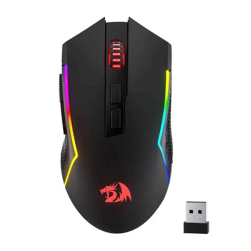 Wireless gaming mouse - black with RGB lighting on desk