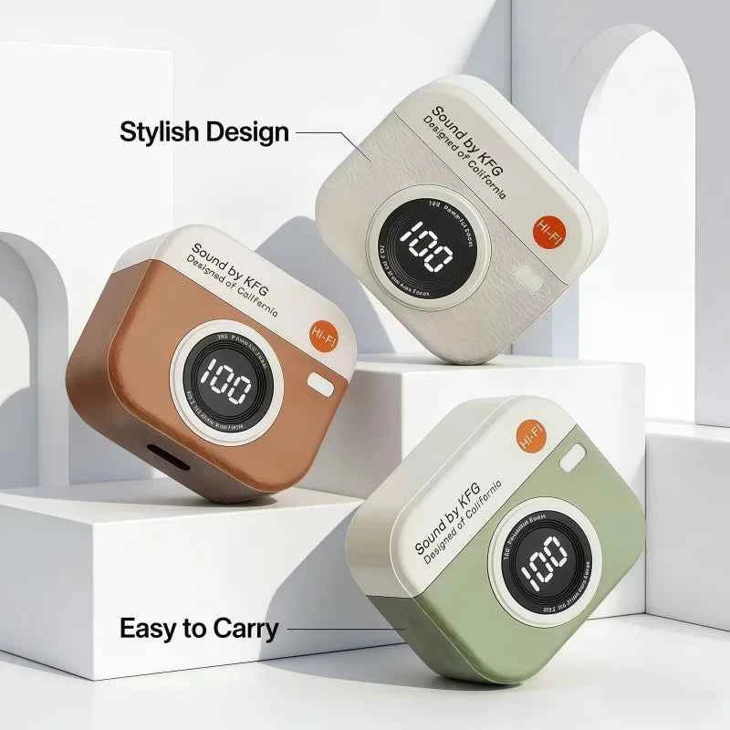 Wireless sports headphones - retro camera design in brown and pink views