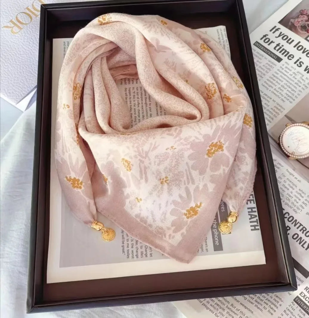 Luxury Silk Square Scarf - Magnetic Buckle & Print