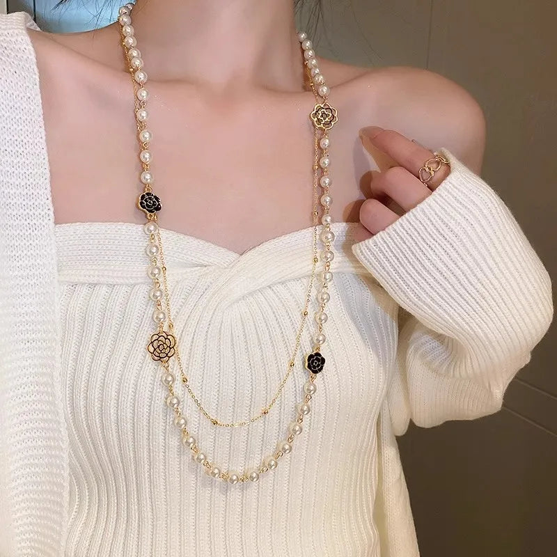 Elegant Long Pearl Necklace - Multilayer Camellia Flower Design