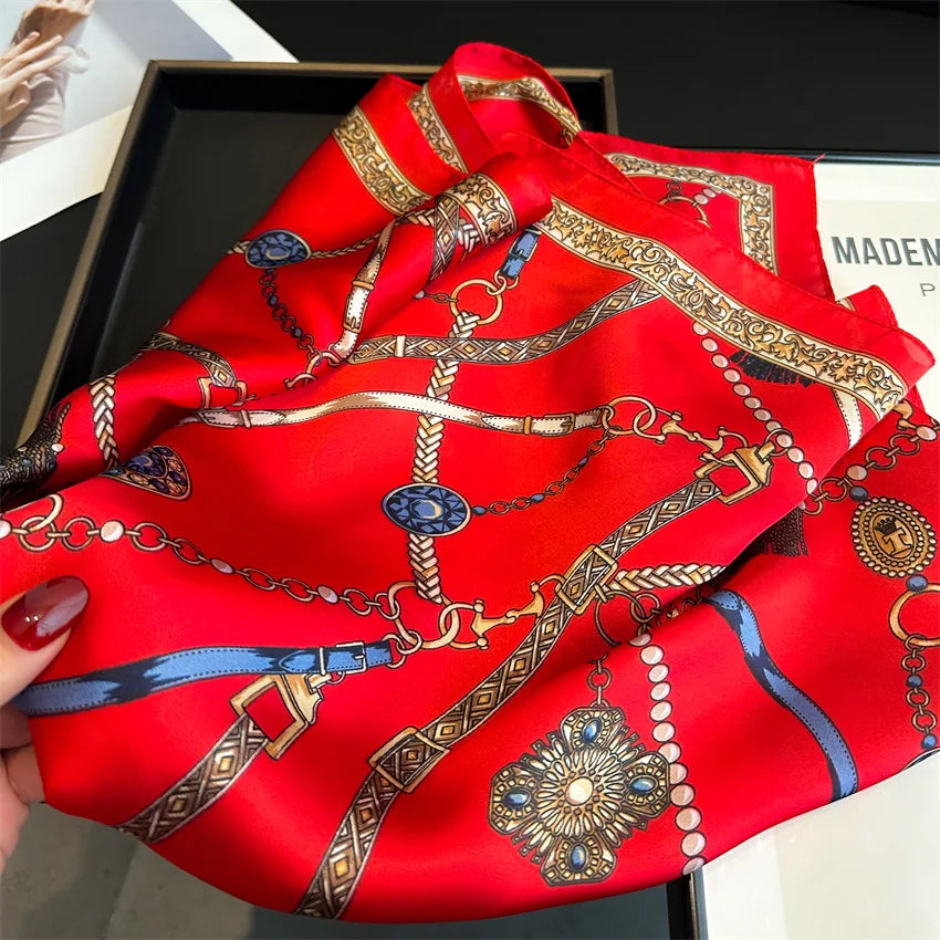 Luxury Red Chain Print Small Square Scarf - Simulated Silk