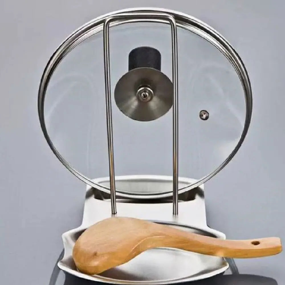 Stainless steel pot lid holder - sleek, silver kitchen storage rack holding multiple pot lids and a cutting board.