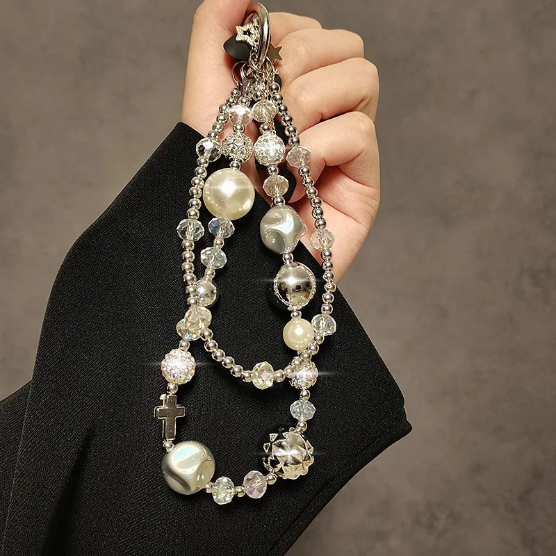 Luxurious Pearl Phone Lanyard - Elegant Crystal Double Chain