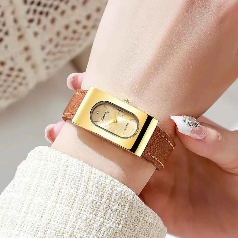 Elegant Ladies Rectangular Quartz Watch - Leather Strap