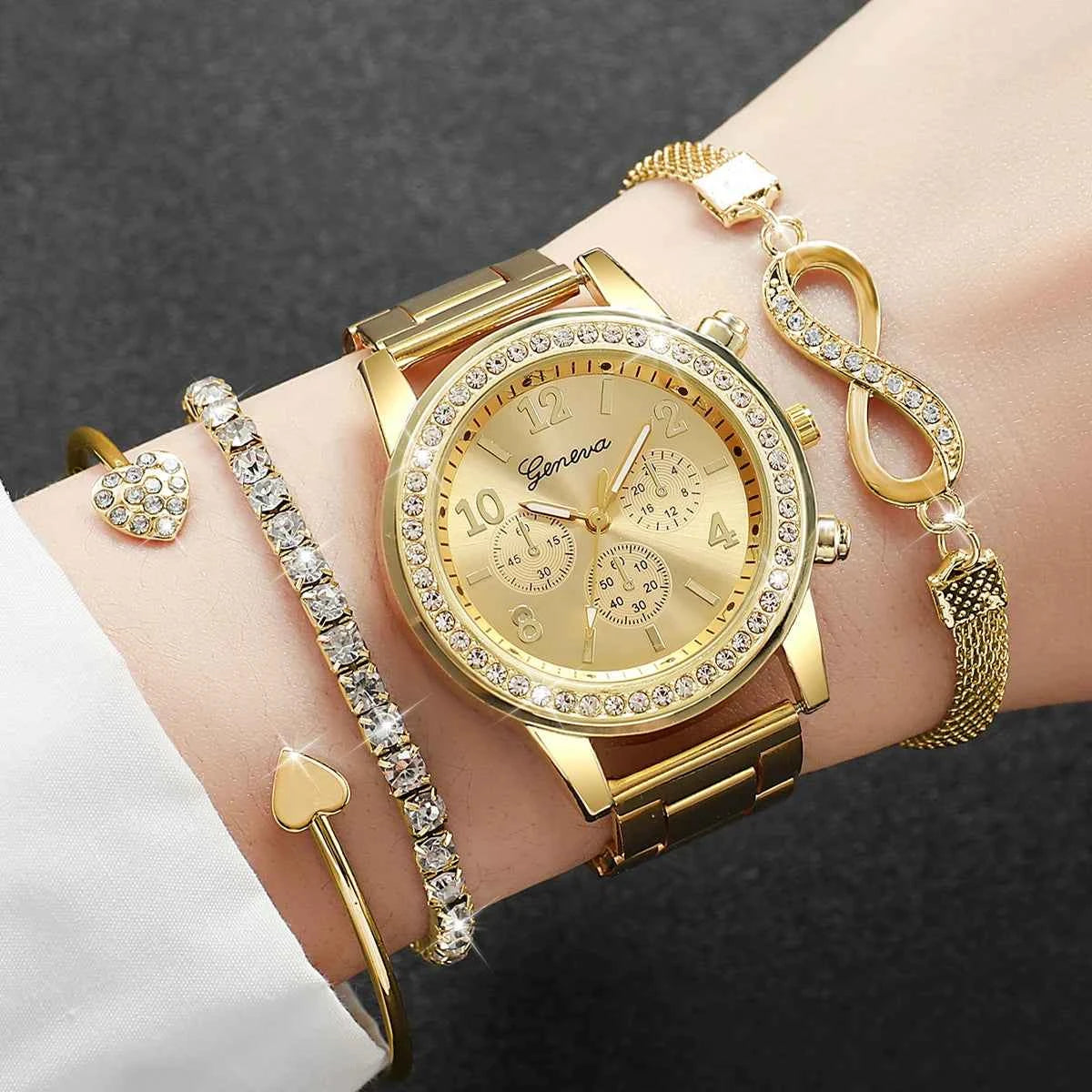 Elegant Ladies Quartz Watch Set - Luxury Rhinestone Steel Band