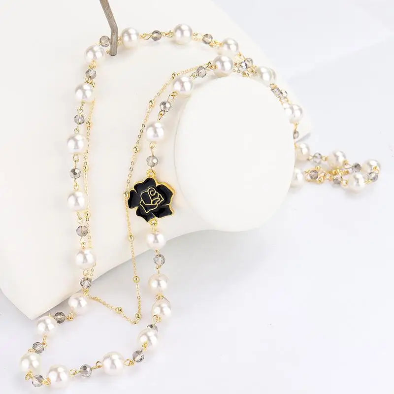 Elegant Long Pearl Necklace - Multilayer Camellia Flower Design