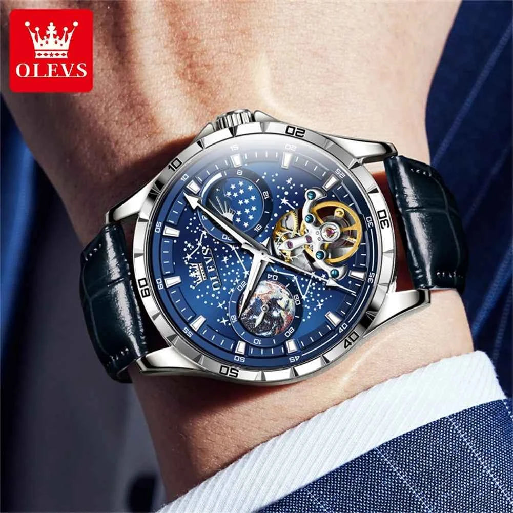 OLEVS 6689 Luxury Brand Moon Phase Automatic Watch for Men Skeleton Flywheel Chronograph Luminous Starry Sky Original Man Watch