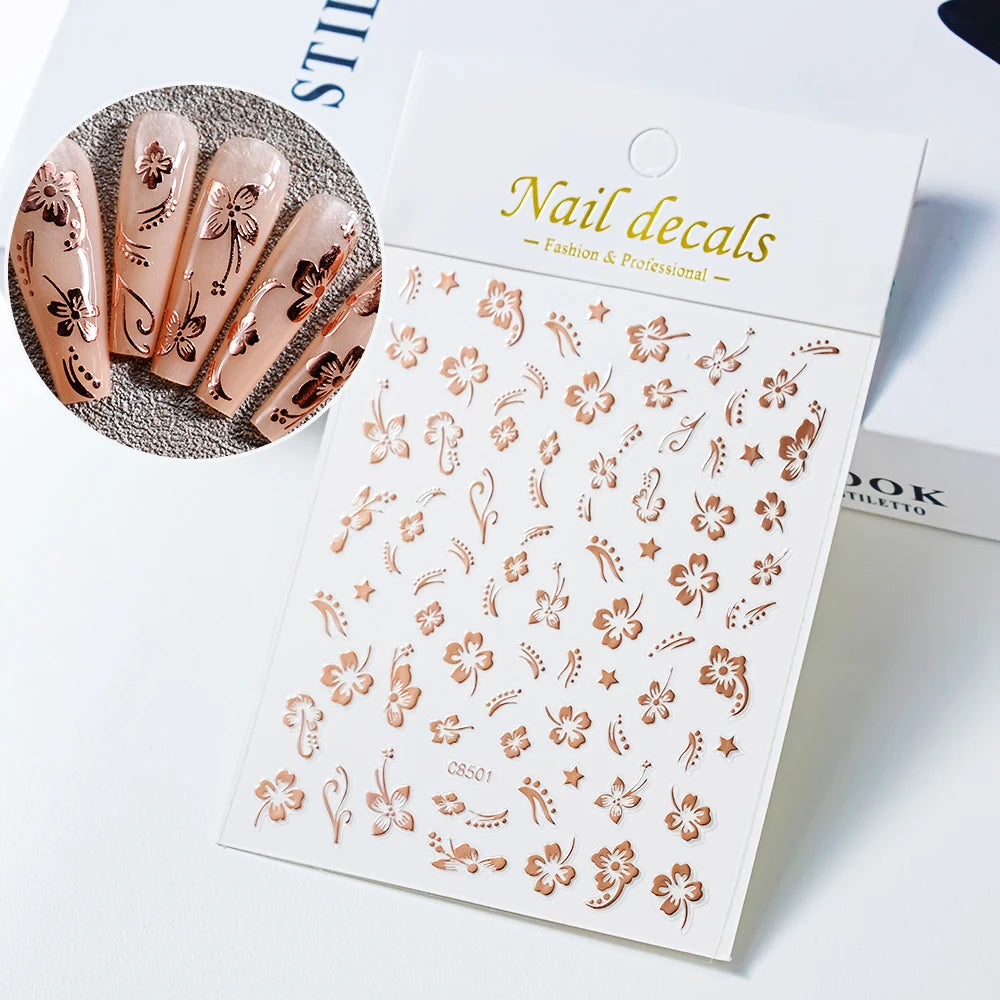 Luxury Bronzing Hibiscus Nail Stickers - Gold & Silver Floral Decals