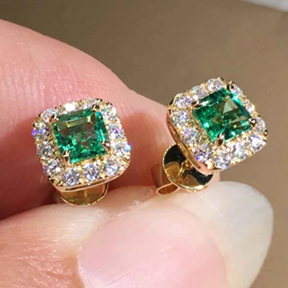 Luxury Green CZ Stud Earrings - Gold Elegant Bride Wedding Jewelry