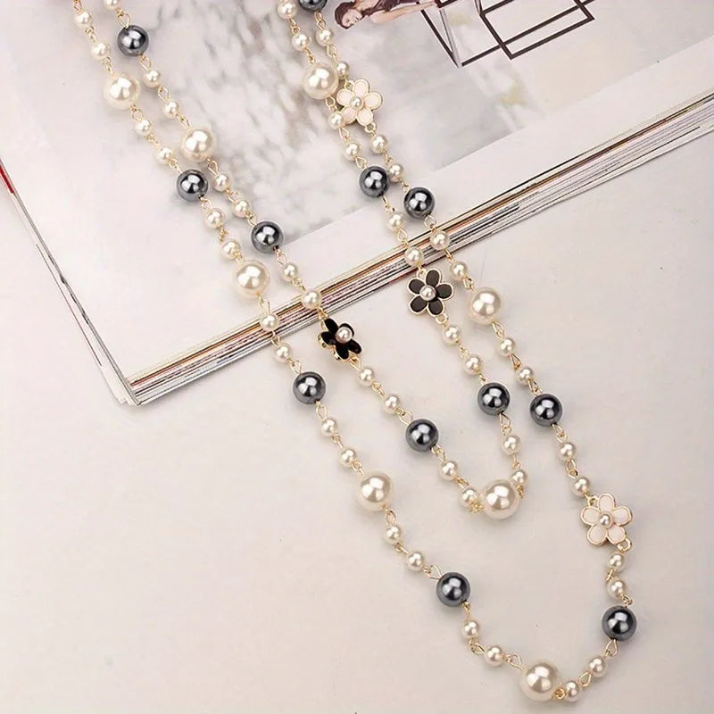 Elegant Long Pearl Necklace - Multilayer Camellia Flower Design
