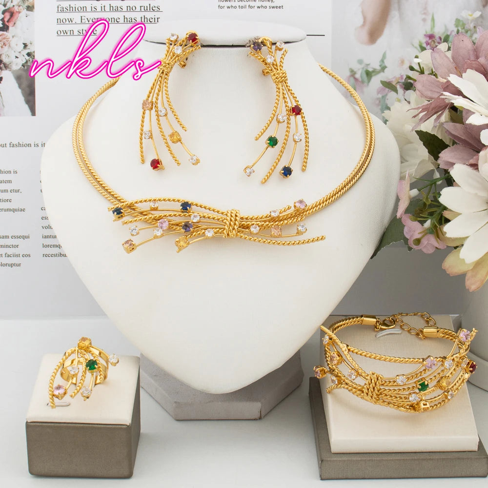 Luxury Gold Jewelry Set - Bridal Necklace & Earrings