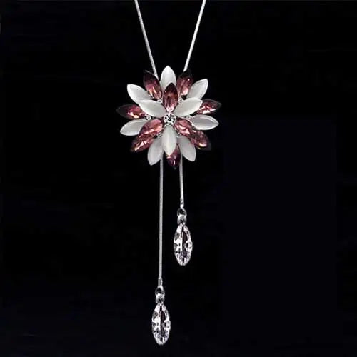 Luxury Crystal Flower Long Sweater Necklace - Elegant Pendant