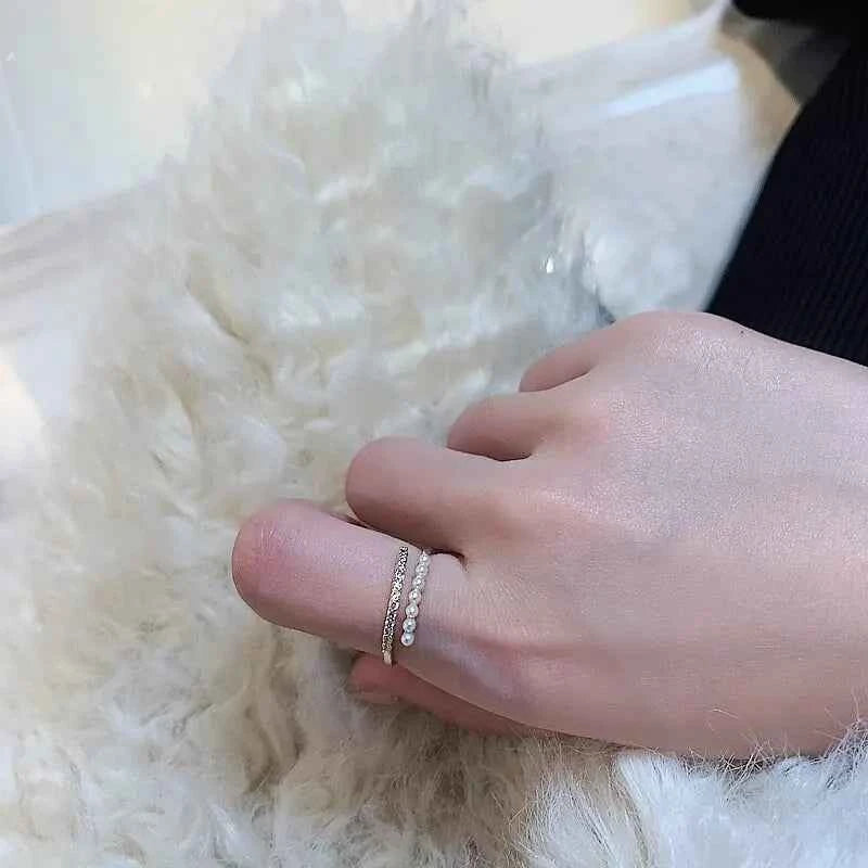 Elegant Gold Pearl Open Ring - Dainty Rhinestone Stacking Jewelry