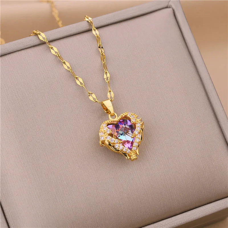 Elegant Zircon Crystal Necklace - Stainless Steel Clavicle Chain