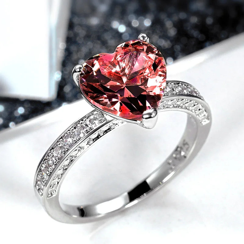 Luxury Heart Engagement Ring - Brilliant Pink CZ Solitaire