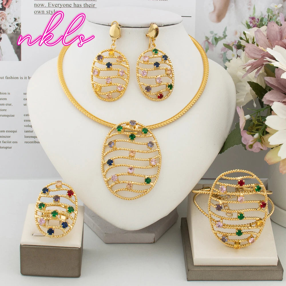 Luxury Gold Jewelry Set - Bridal Necklace & Earrings