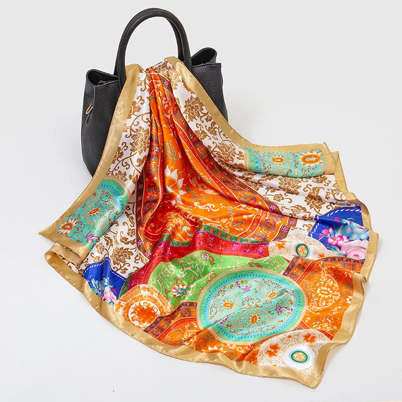 Elegant Square Silk Scarf - Satin Print Luxury Headband