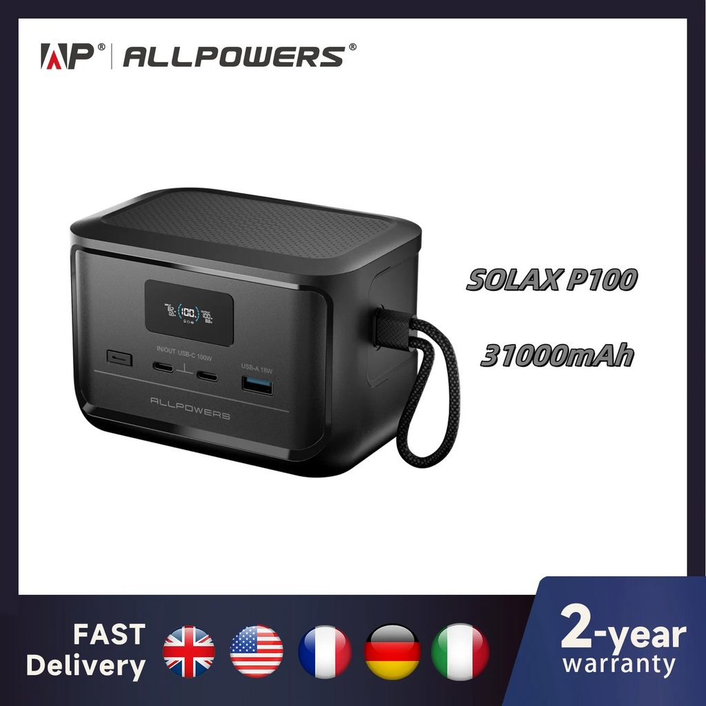 Portable power bank 31000mAh LiFePO4 - compact black unit with LED screen and USB ports on a camping table