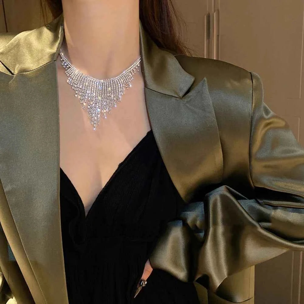 Stunning Rhinestone Tassel Necklace - Silver Bridal Jewelry