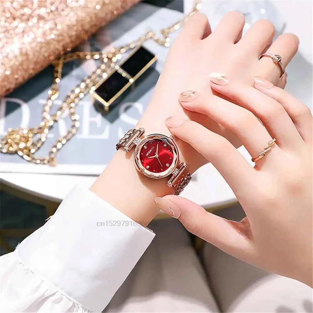 Elegant Ladies Diamond Quartz Watch - Red Alloy & Leather
