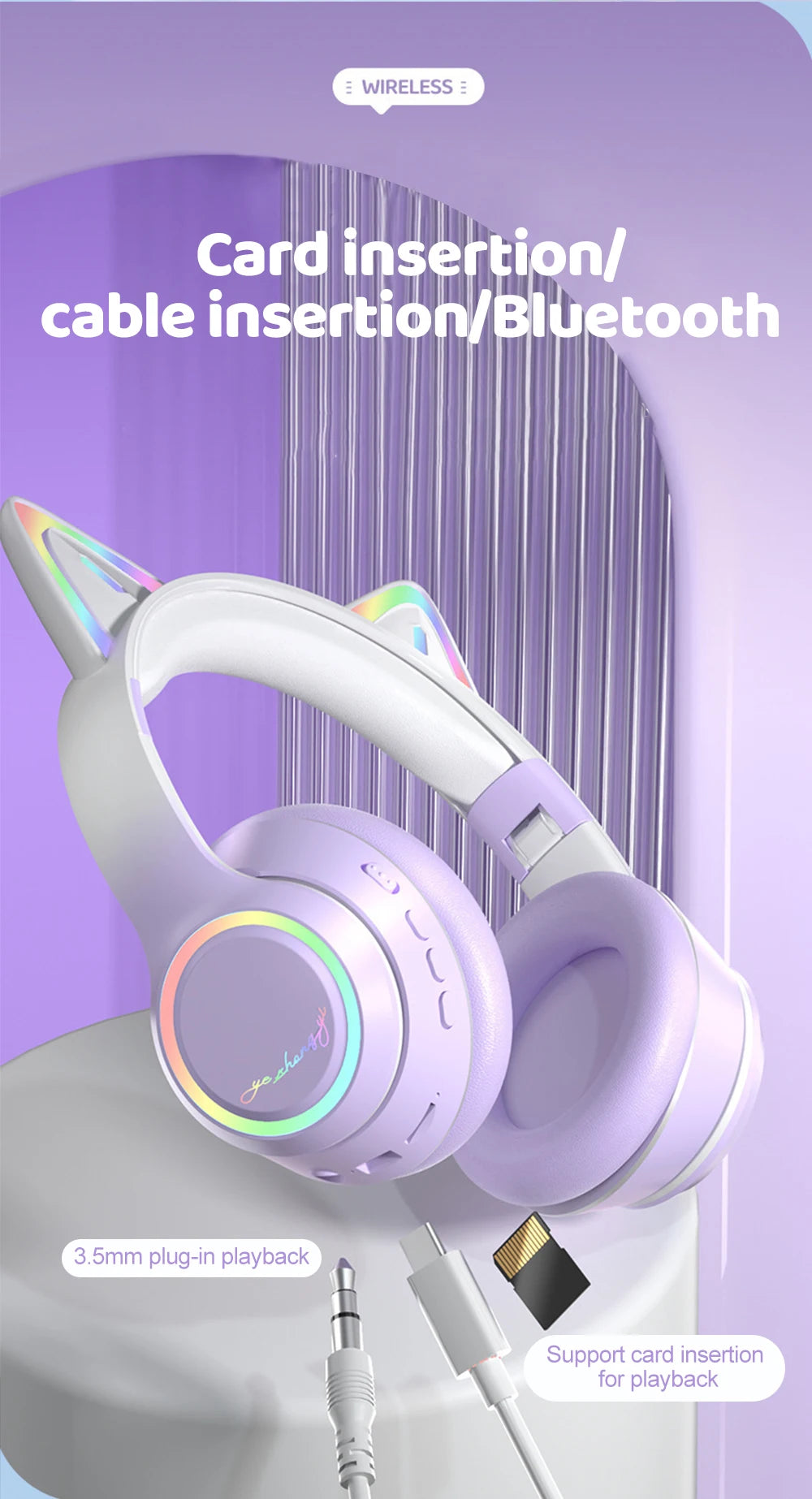 Premium RGB Cat Ear Headphones - Wireless Bluetooth 5.3 & Mic