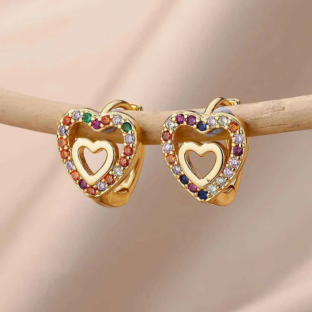 Elegant Gold Heart Earrings - Zircon Stainless Steel