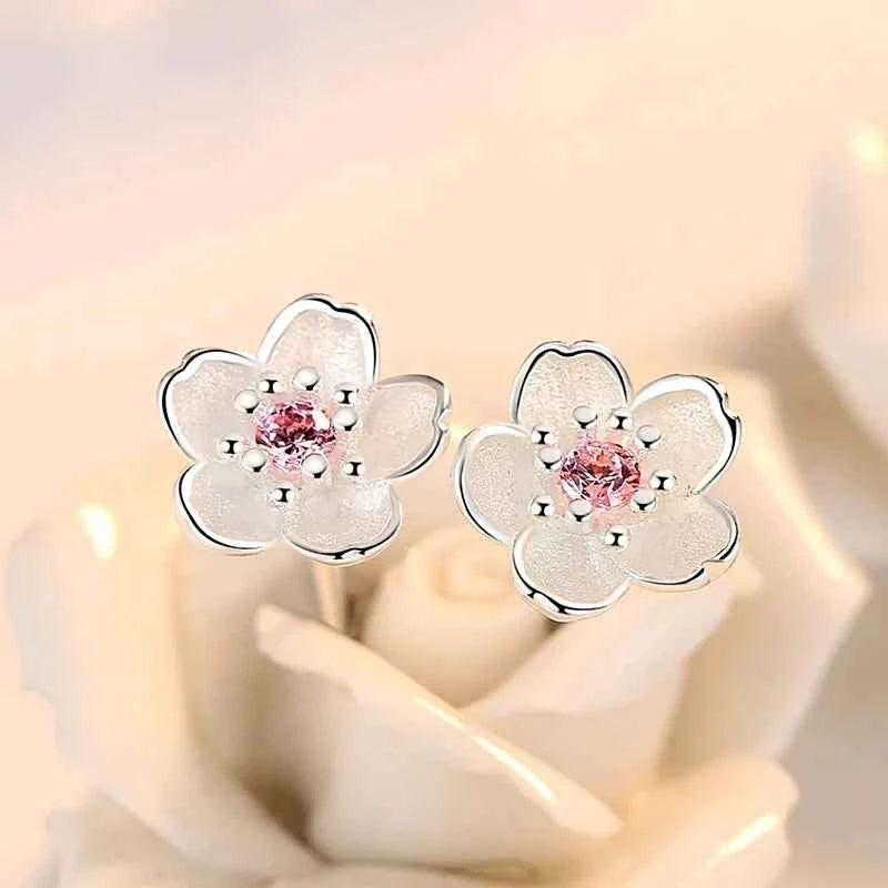 Elegant Sterling Silver Flower Stud Earrings - Luxury Zircon Jewelry