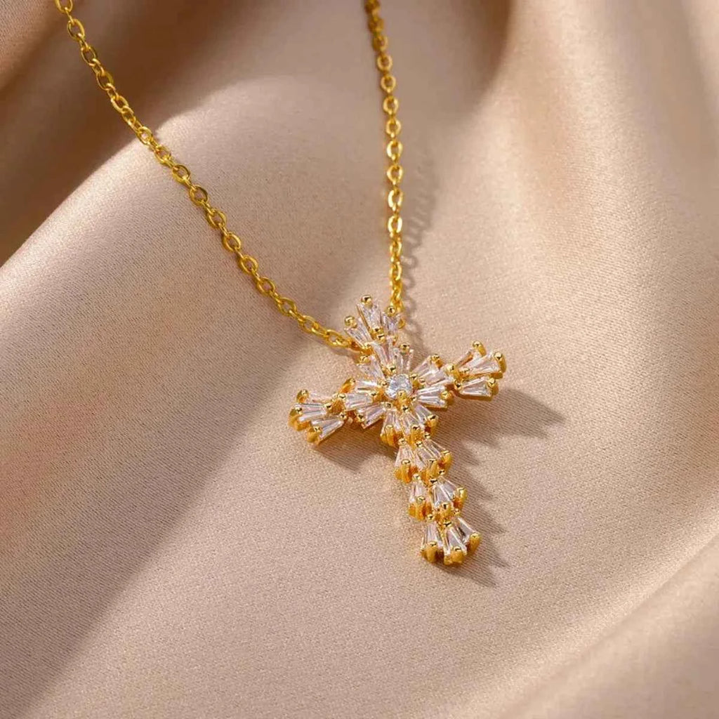 Luxury Zirconia Cross Pendant Necklace - Elegant Stainless Steel