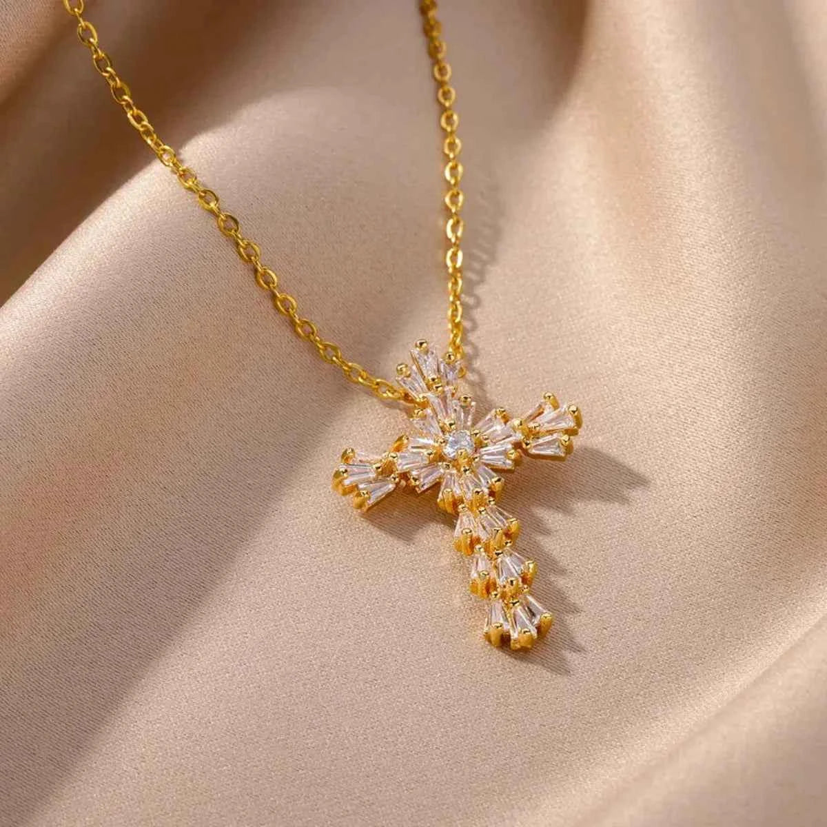 Luxury Zirconia Cross Pendant Necklace - Elegant Stainless Steel