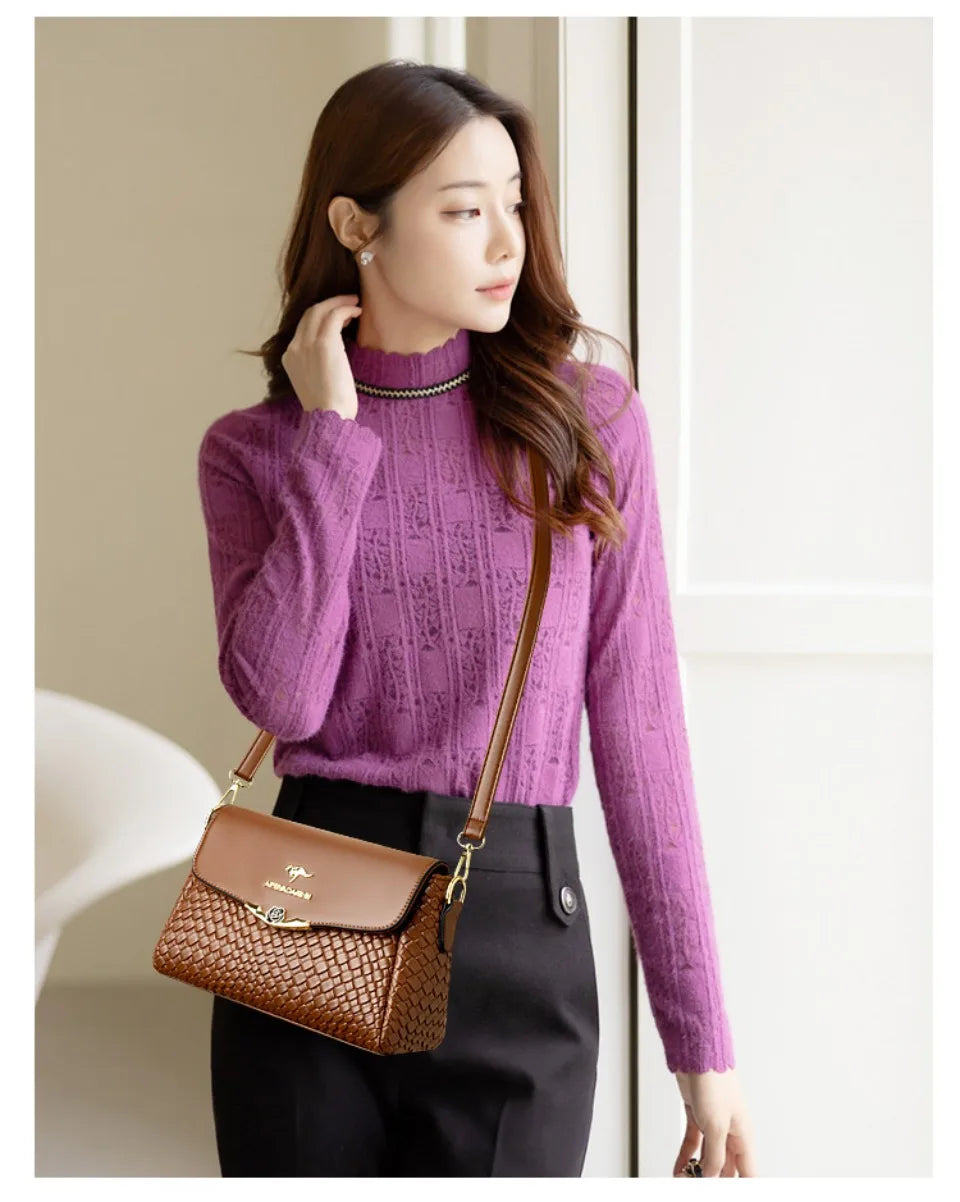 Designer Knitting Handbag - Elegant PU Leather