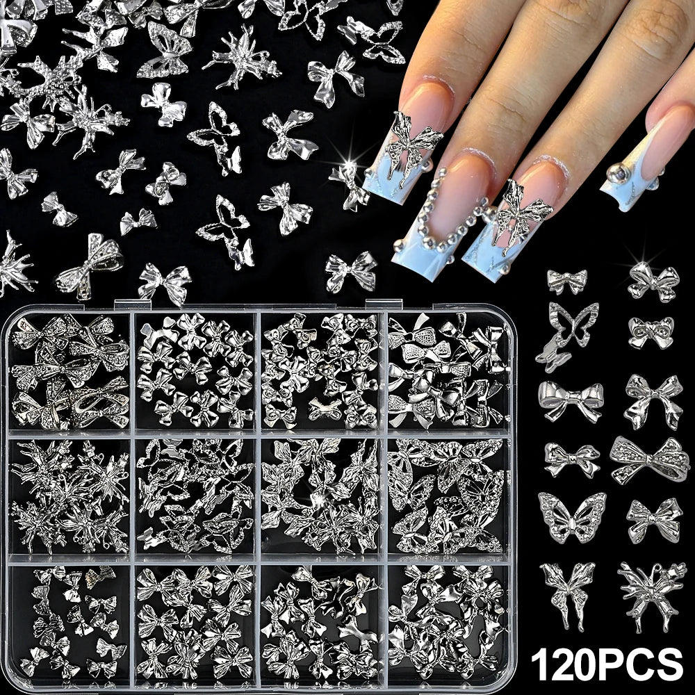 Luxury 3D Gold Bow Nail Metal Charms - 120pcs Shiny Art Supplies