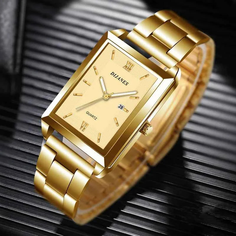 Men rectangle watch - Stainless steel band with a silver rectangular case and black dial