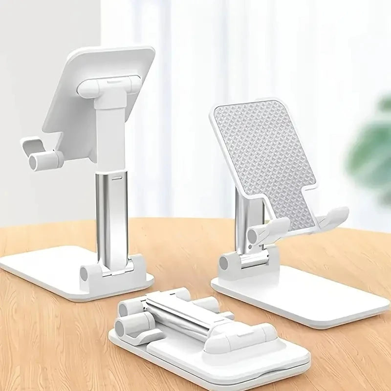 Adjustable phone stand - white desktop holder for iPhone and iPad, shown at an elevated angle