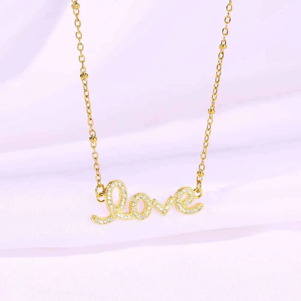 Luxury Zircon Love Letter Pendant Necklace - Gold Stainless Steel