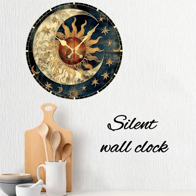 Premium Celestial Wooden Wall Clock - Silent & Round