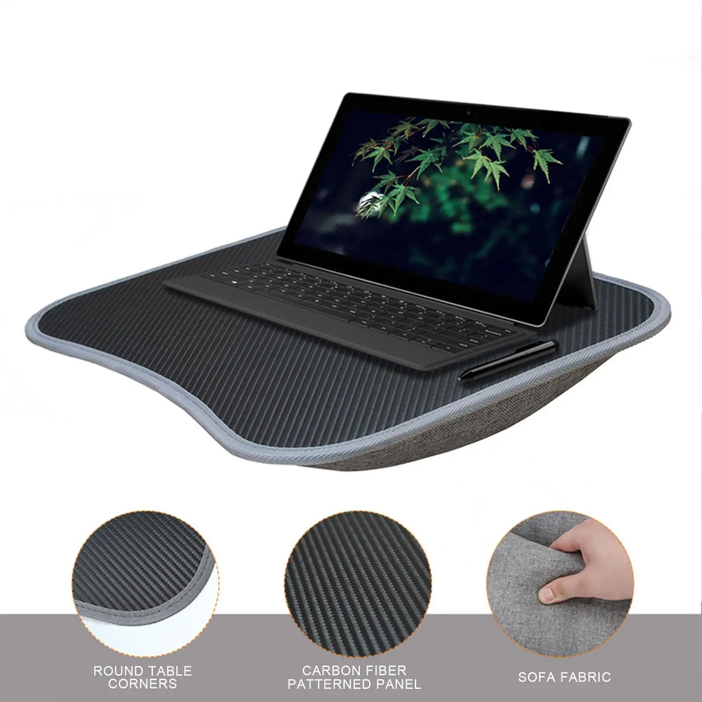 Laptop lap desk - black with soft pillow cushion and carbon fiber pattern panel