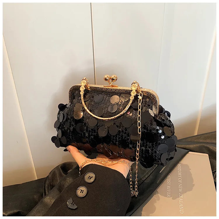 Elegant Sequins Evening Clutch Bag - Bling Chain Strap