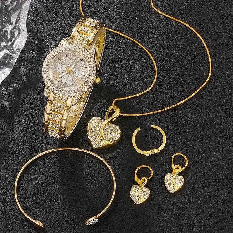 Luxury Women's Quartz Watch and Rhinestone Jewelry Set - Gold