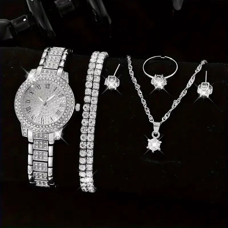 Elegant Crystal Wristwatch & Rhinestone Bracelet Set