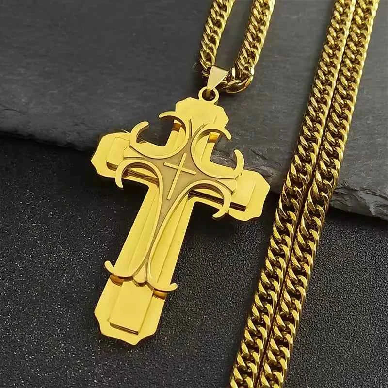 Luxury Layered Cross Pendant Necklace - Stainless Steel