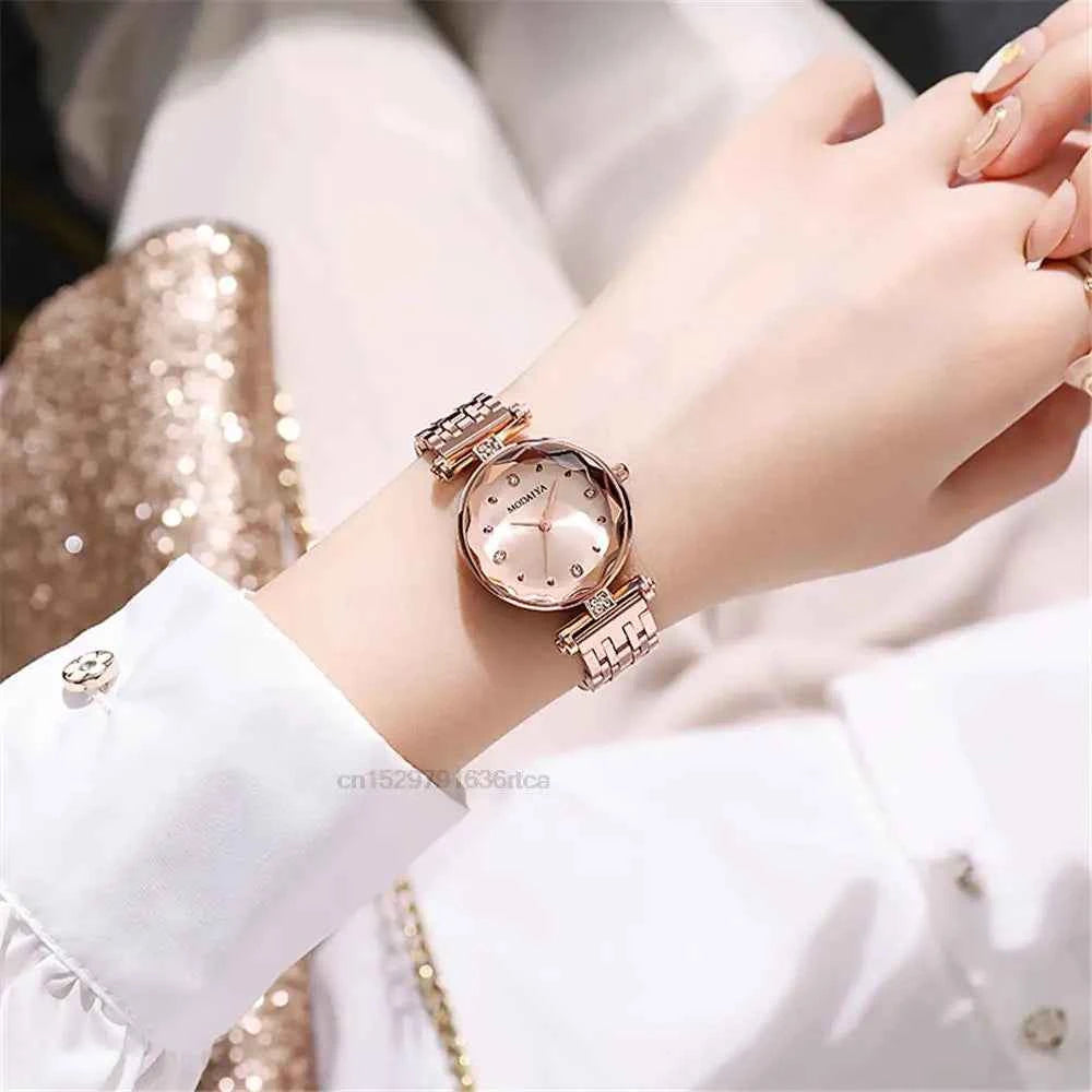 Elegant Ladies Diamond Quartz Watch - Red Alloy & Leather