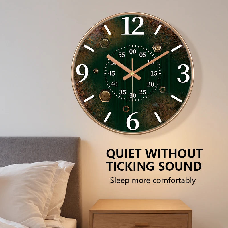 Vintage Green Wall Clock - silent non-ticking round clock with large numbers and green dial