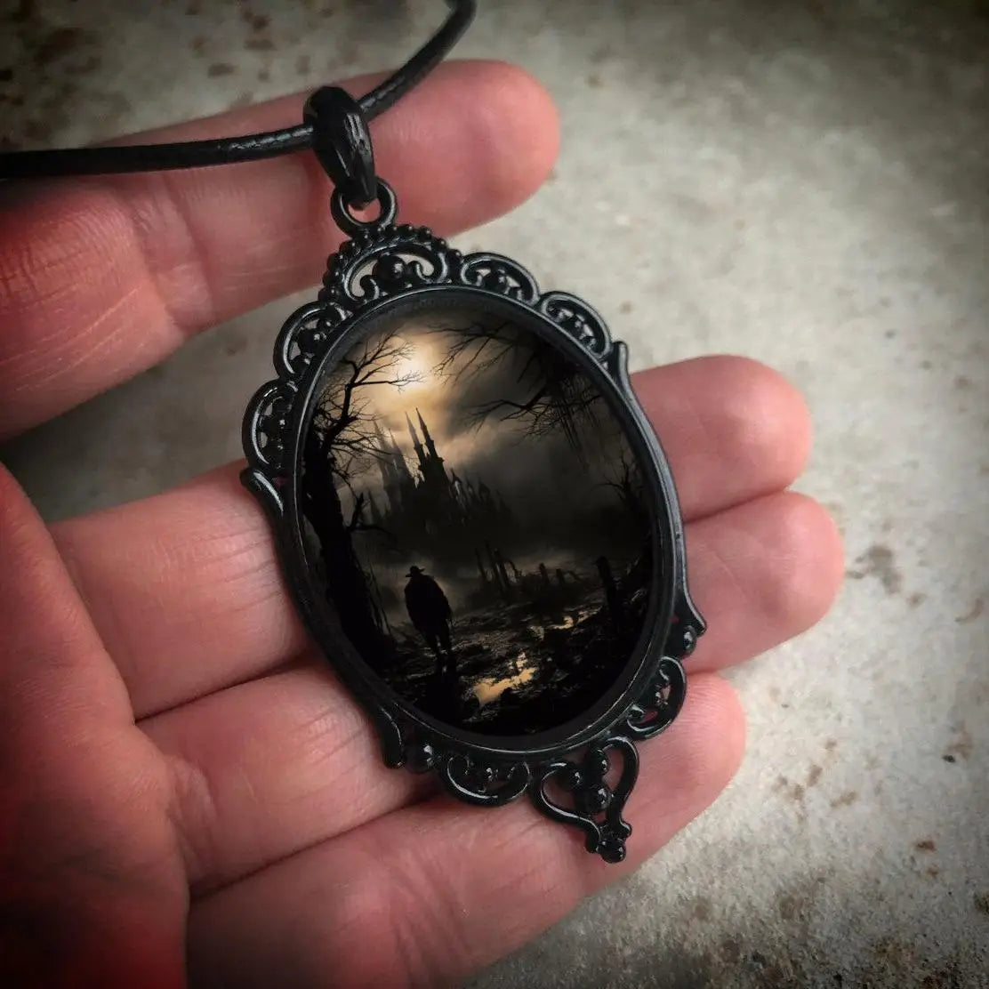 Gothic Retro Cameo Necklace - Vintage Castle Pendant