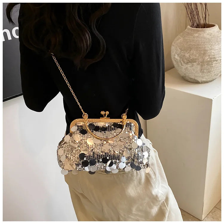 Elegant Sequins Evening Clutch Bag - Bling Chain Strap